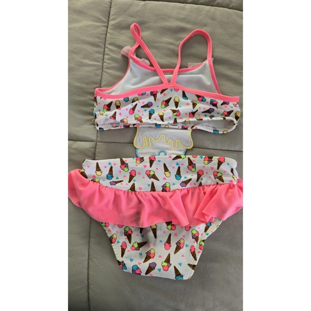Little Girls 5T Bathing Swim Suit Precious Bow Ice Cream Cone Pink Ruffles Stain